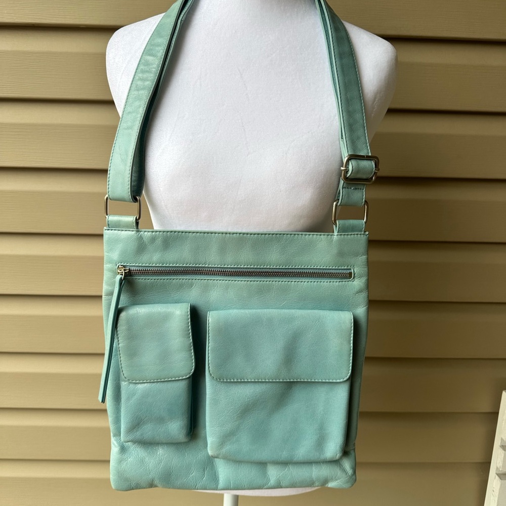 HOBO brand crossbody bag in light blue leather gently used